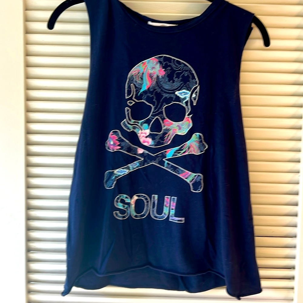 Soul Cycle Navy Tank with Floral Skull print- Sm